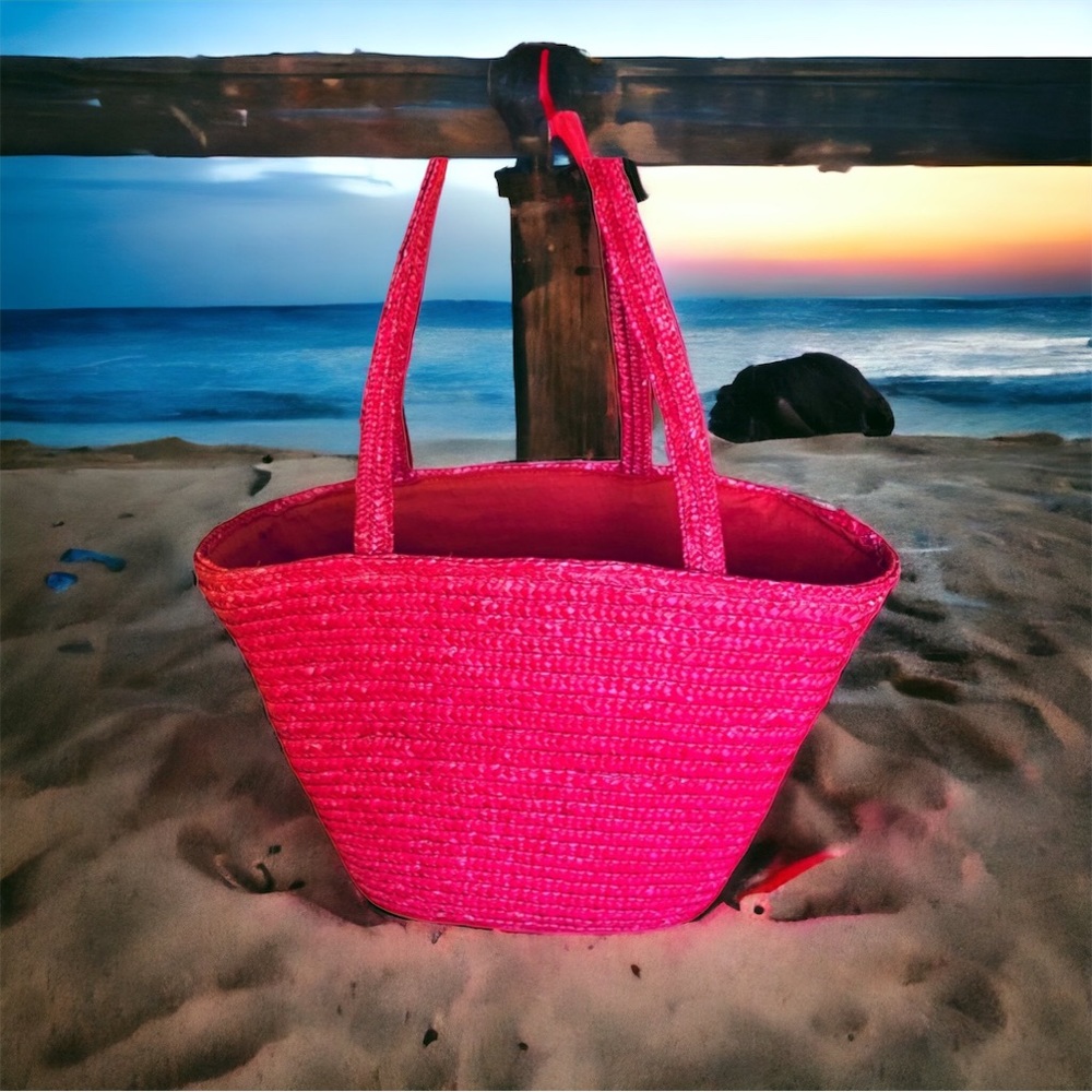 Givenchy lined straw tote shoulder bag purse red raspberry beach bag carryall